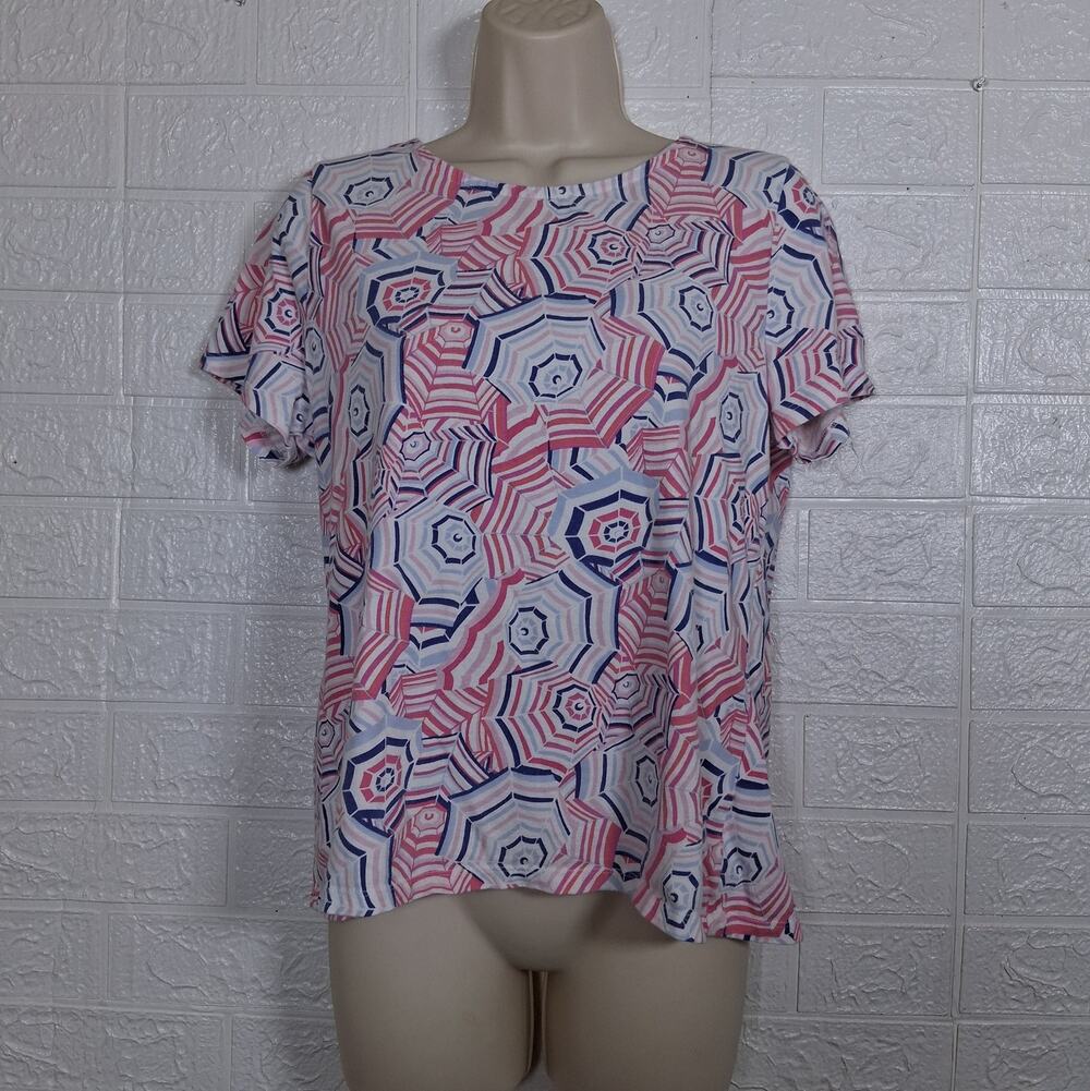 Talbots Petite Large Umbrella Print Twist Back Cutout Top Pink Blue